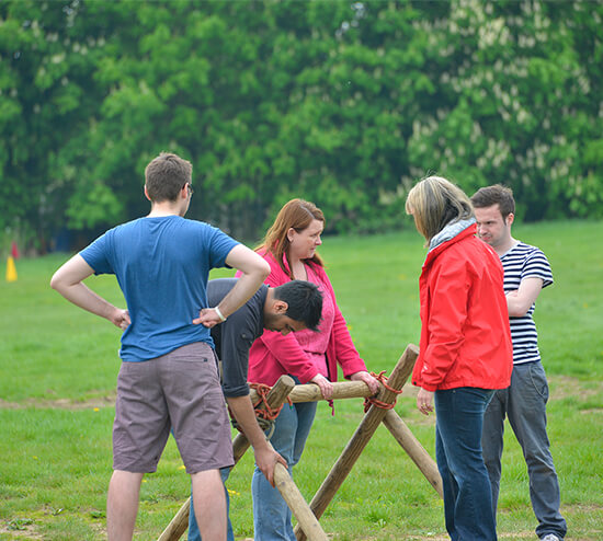 A group working together to build a wooden structure